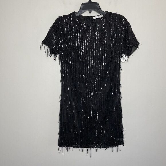 LUSH Cocktail Dress Womens Small Black Sequin Fringe NEW Short Sleeve Mini - Picture 1 of 10